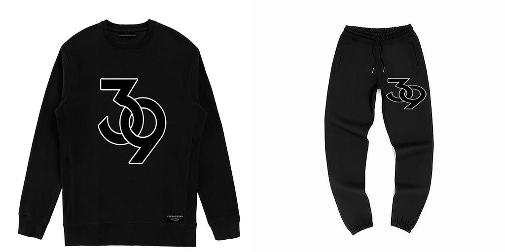 "39" Oversized print - Unisex Black Heavyweight Premium Sweat Suit 'Crewneck Sweatshirt & Pants' - Crowns Down Clothiers