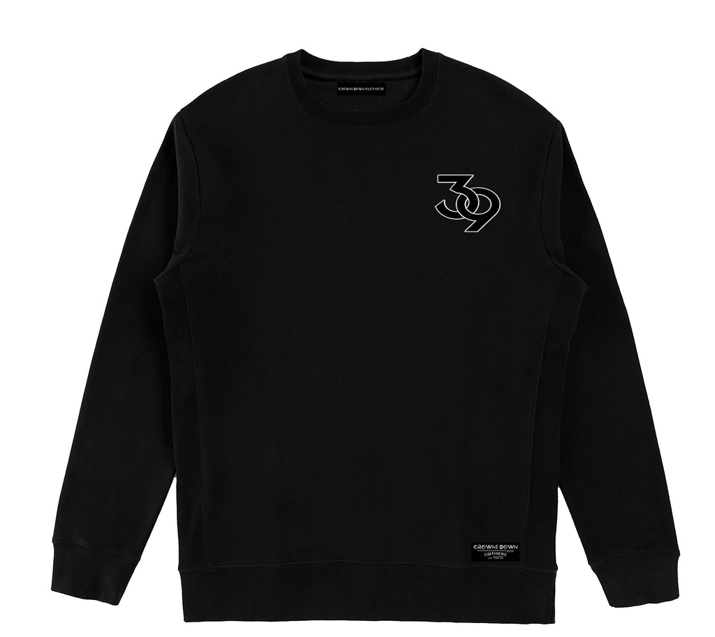 "39" embroidered patch - Unisex Black Heavyweight Premium Organic Cotton Crewneck Sweatshirt - Crowns Down Clothiers