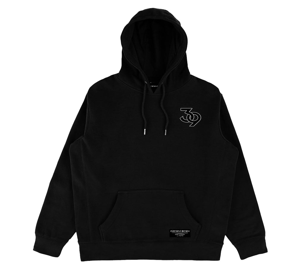 "39" embroidered patch - Unisex Black Heavyweight Premium Organic Cotton Hoodie - Crowns Down Clothiers