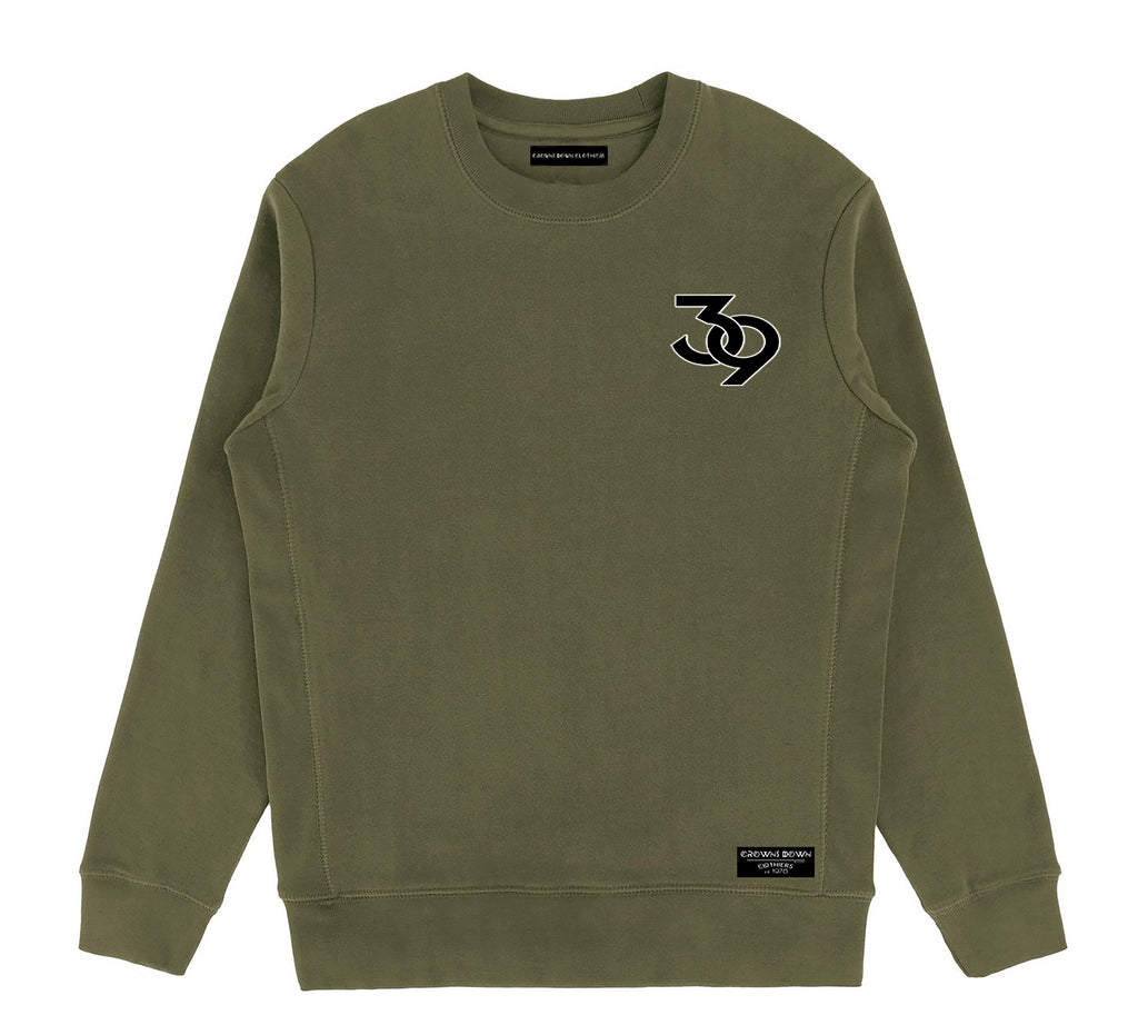 "39" embroidered patch - Unisex Military Green Heavyweight Premium Organic Cotton Crewneck Sweatshirt - Crowns Down Clothiers