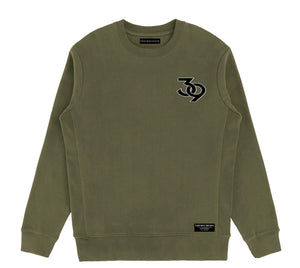 "39" embroidered patch - Unisex Military Green Heavyweight Premium Organic Cotton Crewneck Sweatshirt - Crowns Down Clothiers