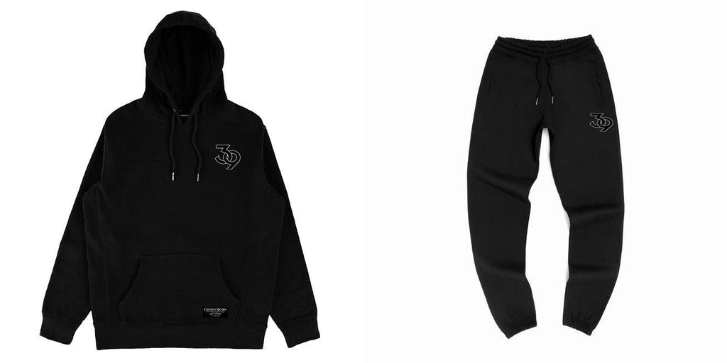 "39" embroidered patch - Unisex Black Heavyweight Premium Sweat Suit 'Hoodie & Pants' - Crowns Down Clothiers