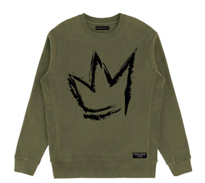 "Signature Crown" print - Unisex Military Green Heavyweight Premium Organic Cotton Crewneck Sweatshirt - Crowns Down Clothiers