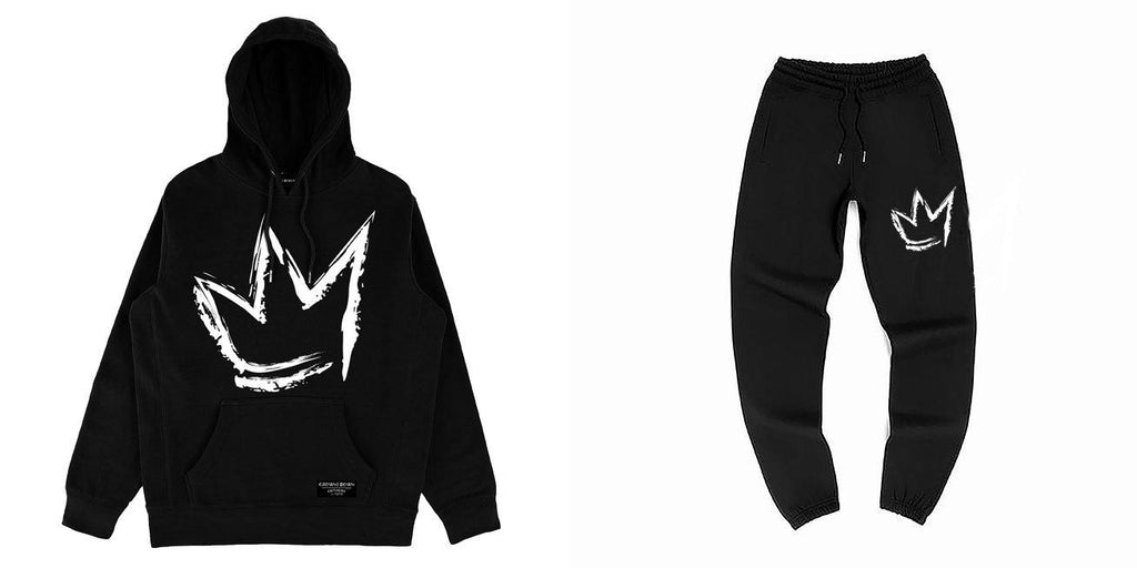 "Signature Crown" print - Unisex Black Heavyweight Premium Sweat Suit 'Hoodie & Pants' - Crowns Down Clothiers